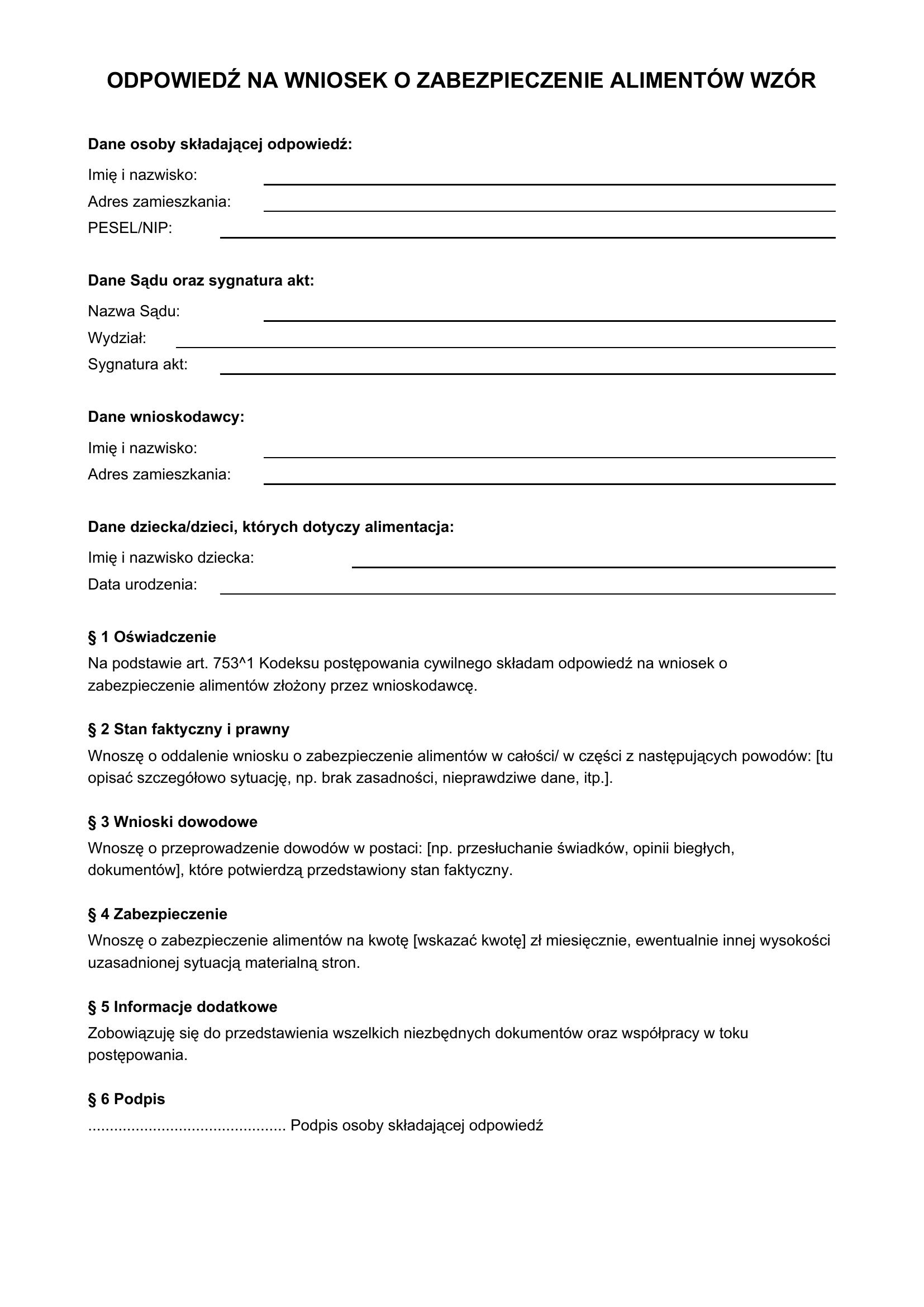 Odpowiedź Na Wniosek O Zabezpieczenie Alimentów Wzór