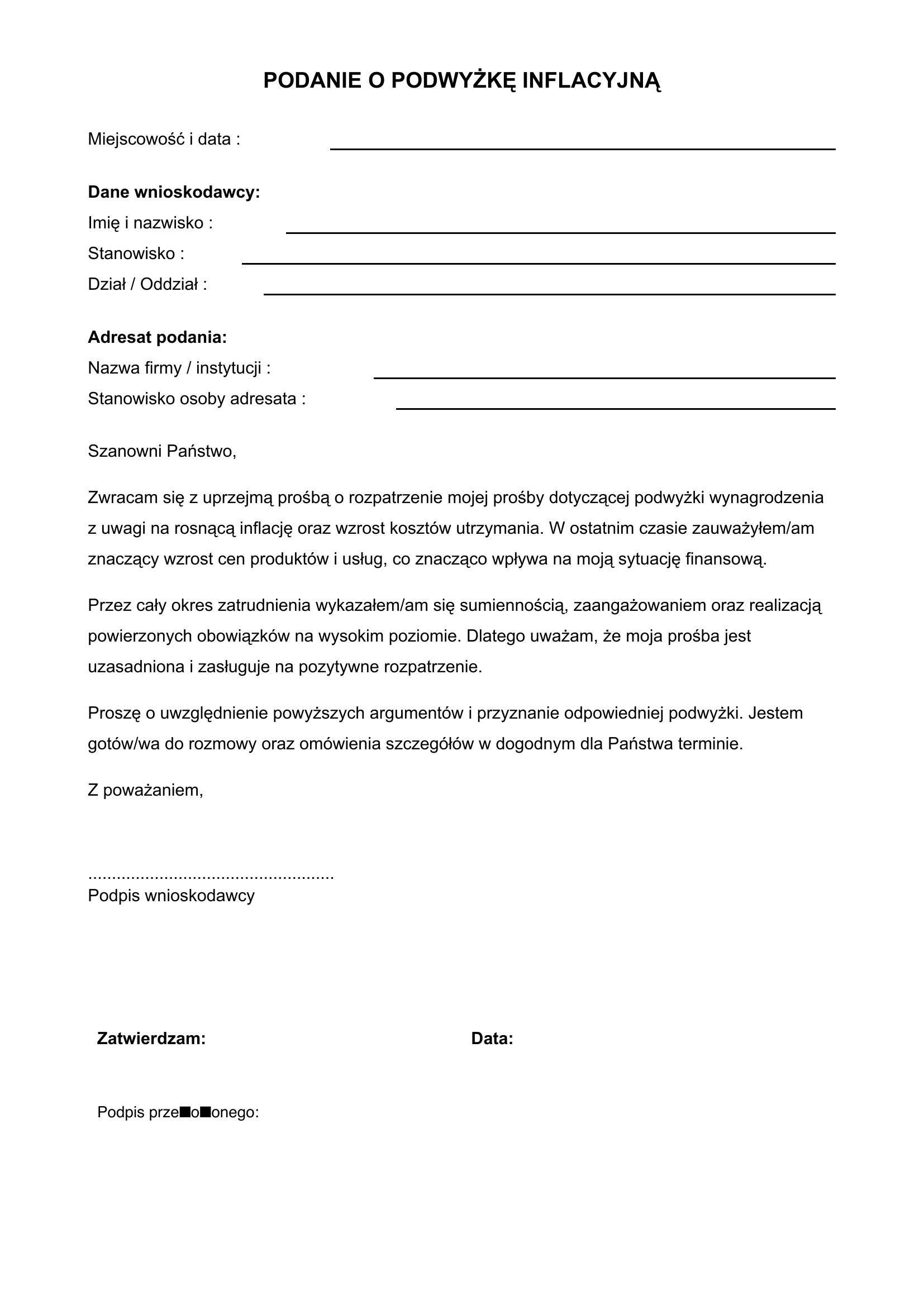 Podanie O Podwyżkę Inflacyjną -- Wzór