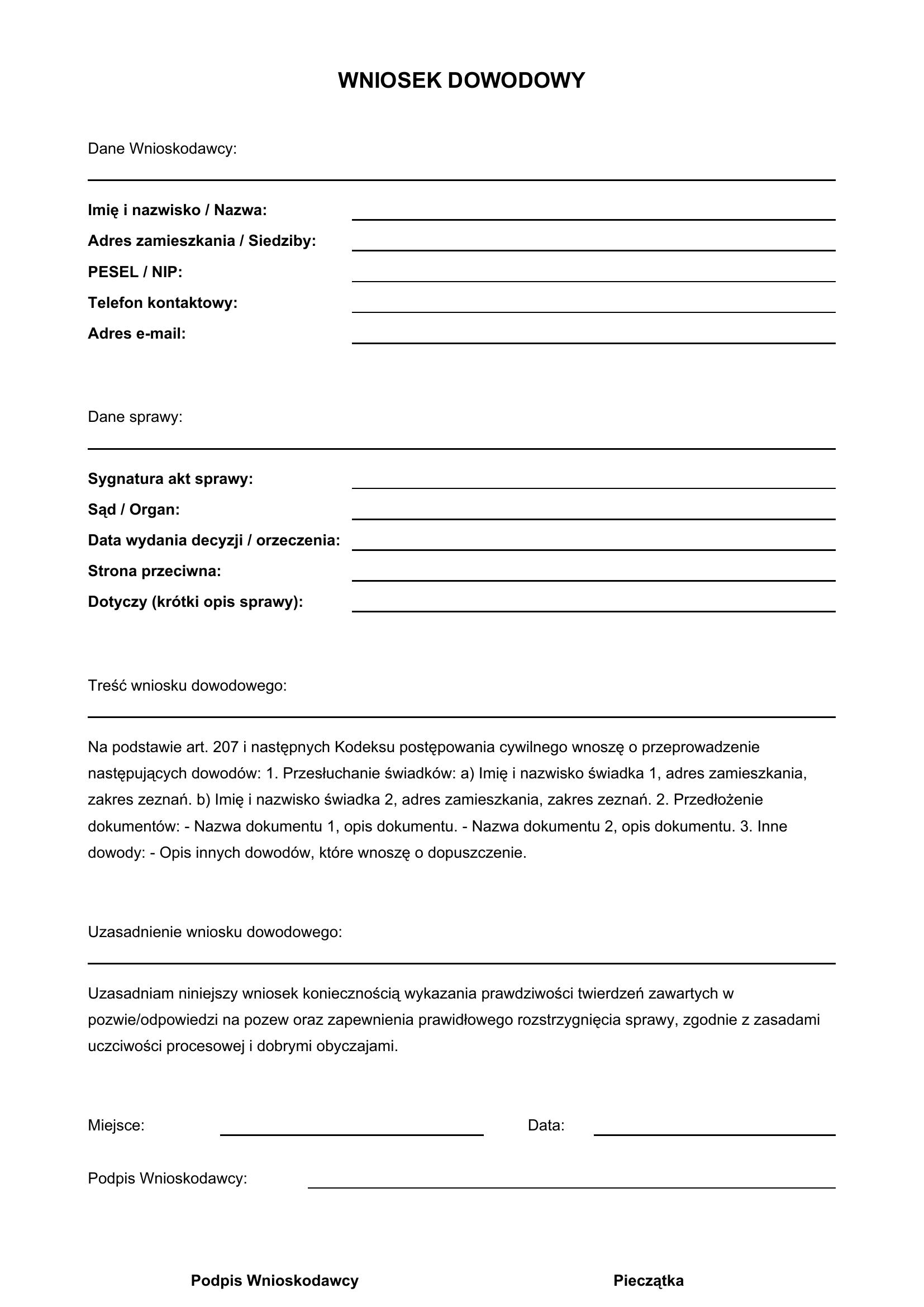 Wniosek Dowodowy Wzór