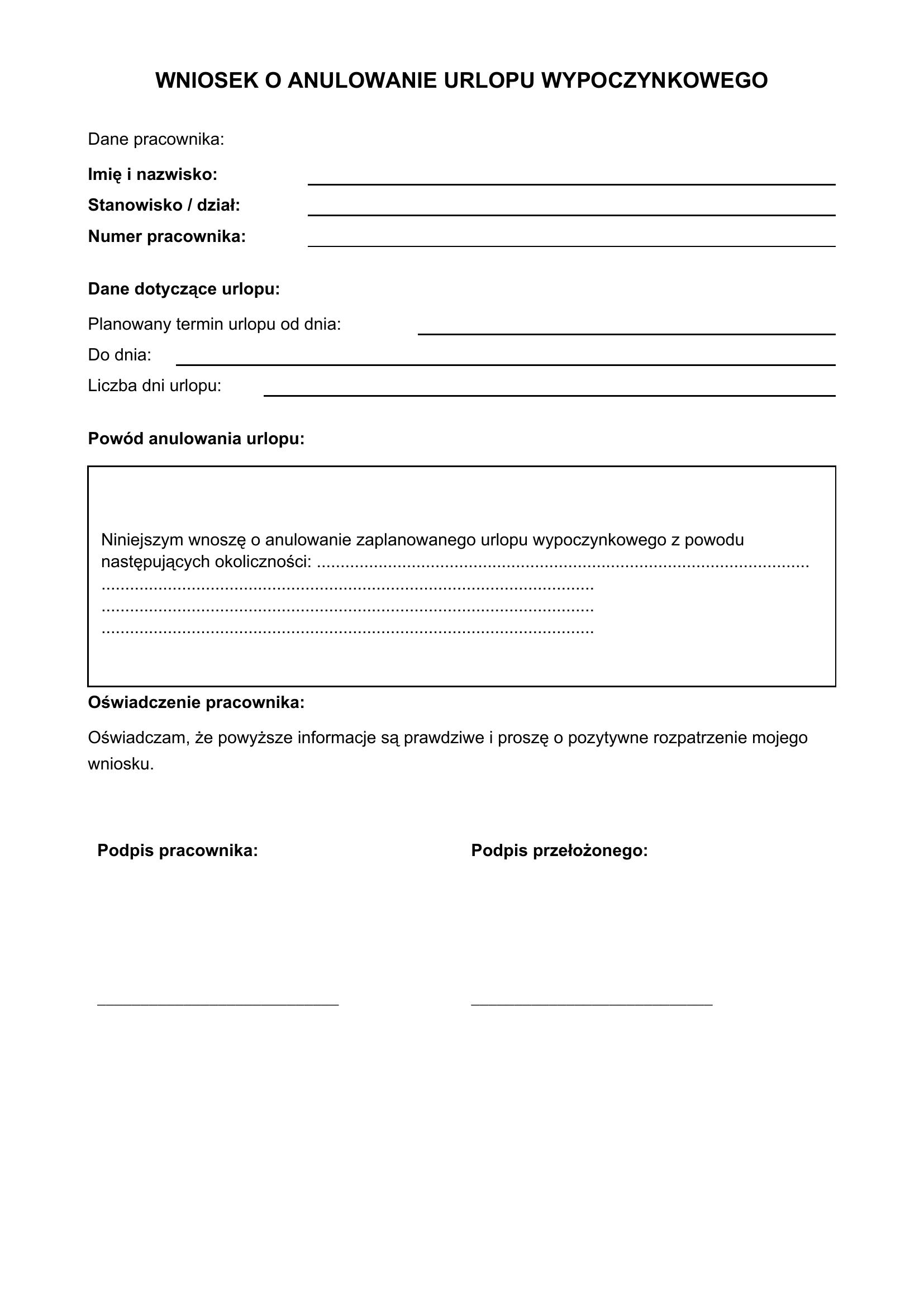 Wniosek O Anulowanie Urlopu Wypoczynkowego Wzór