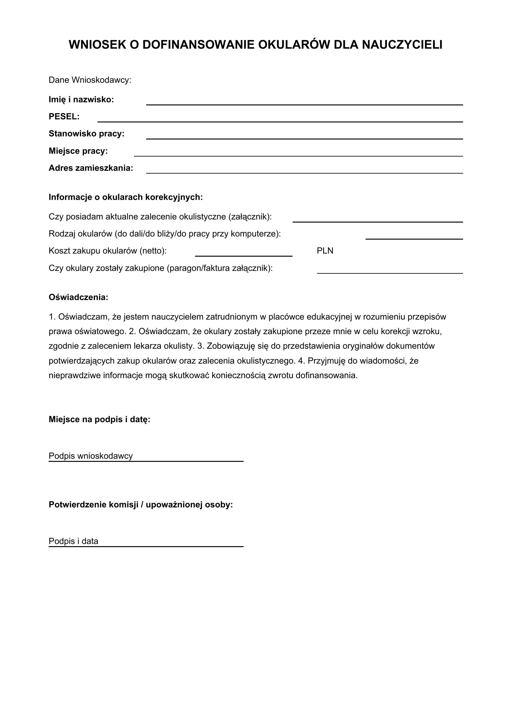 Wniosek O Dofinansowanie Okularów Dla Nauczycieli Wzór