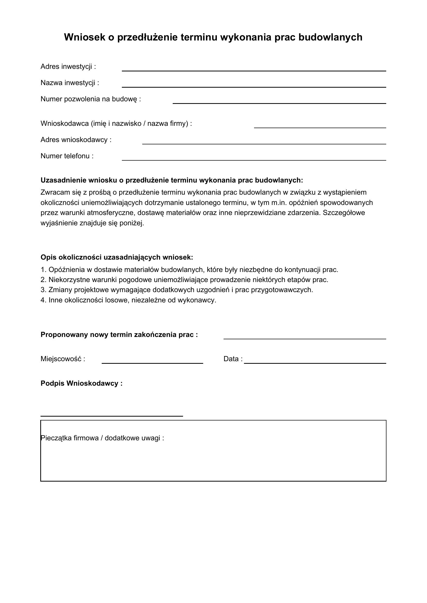 Wniosek O Przedłużenie Terminu Wykonania Prac Budowlanych Wzór