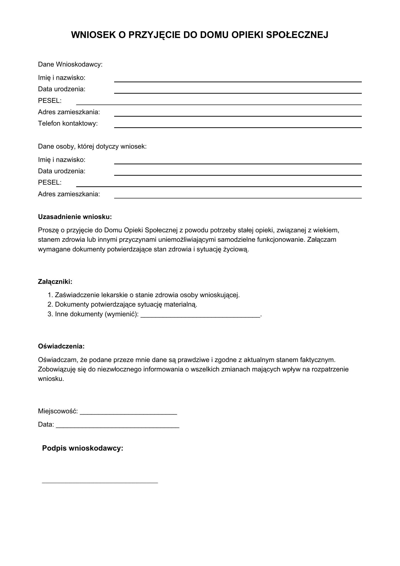 Wniosek O Przyjęcie Do Domu Opieki Społecznej - Wzór