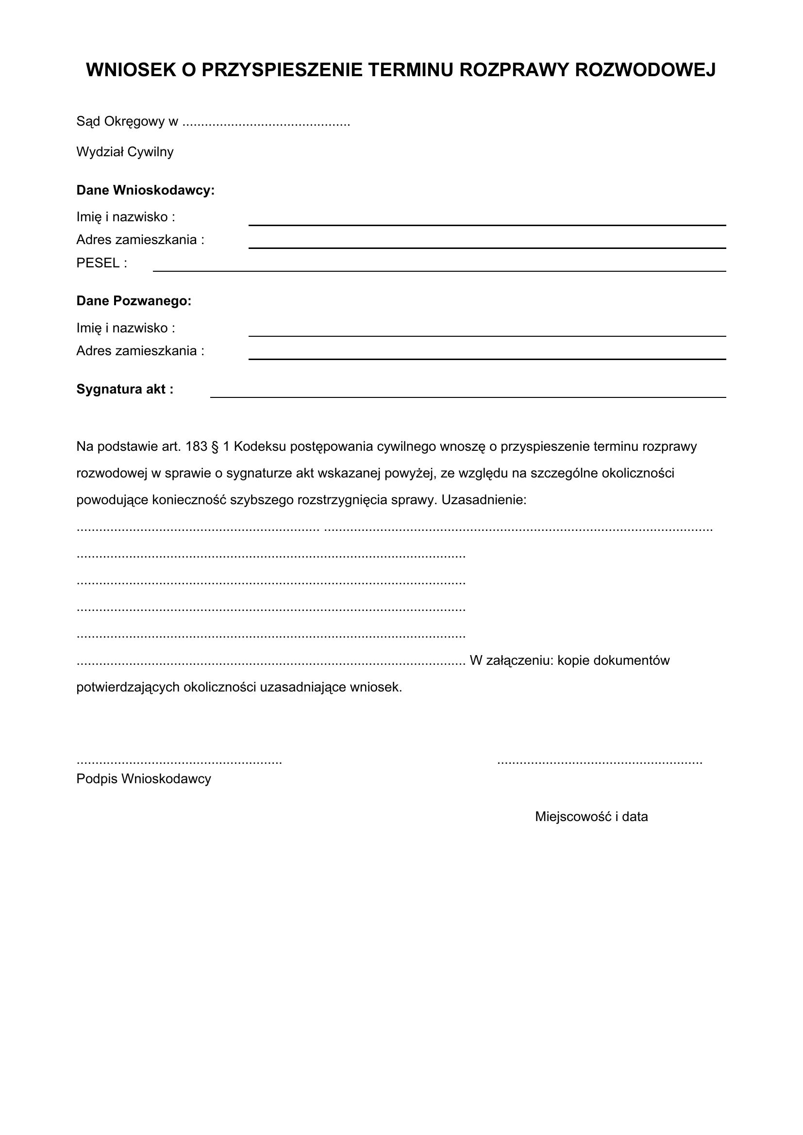 Wniosek O Przyspieszenie Terminu Rozprawy Rozwodowej Wzór