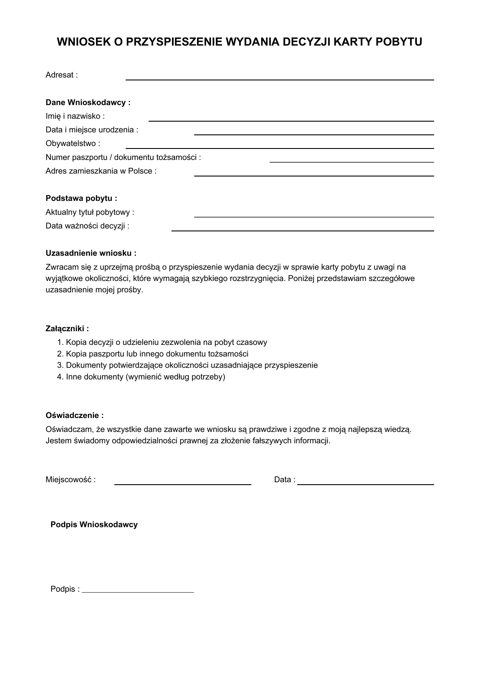 Wniosek O Przyspieszenie Wydania Decyzji Karty Pobytu Wzór
