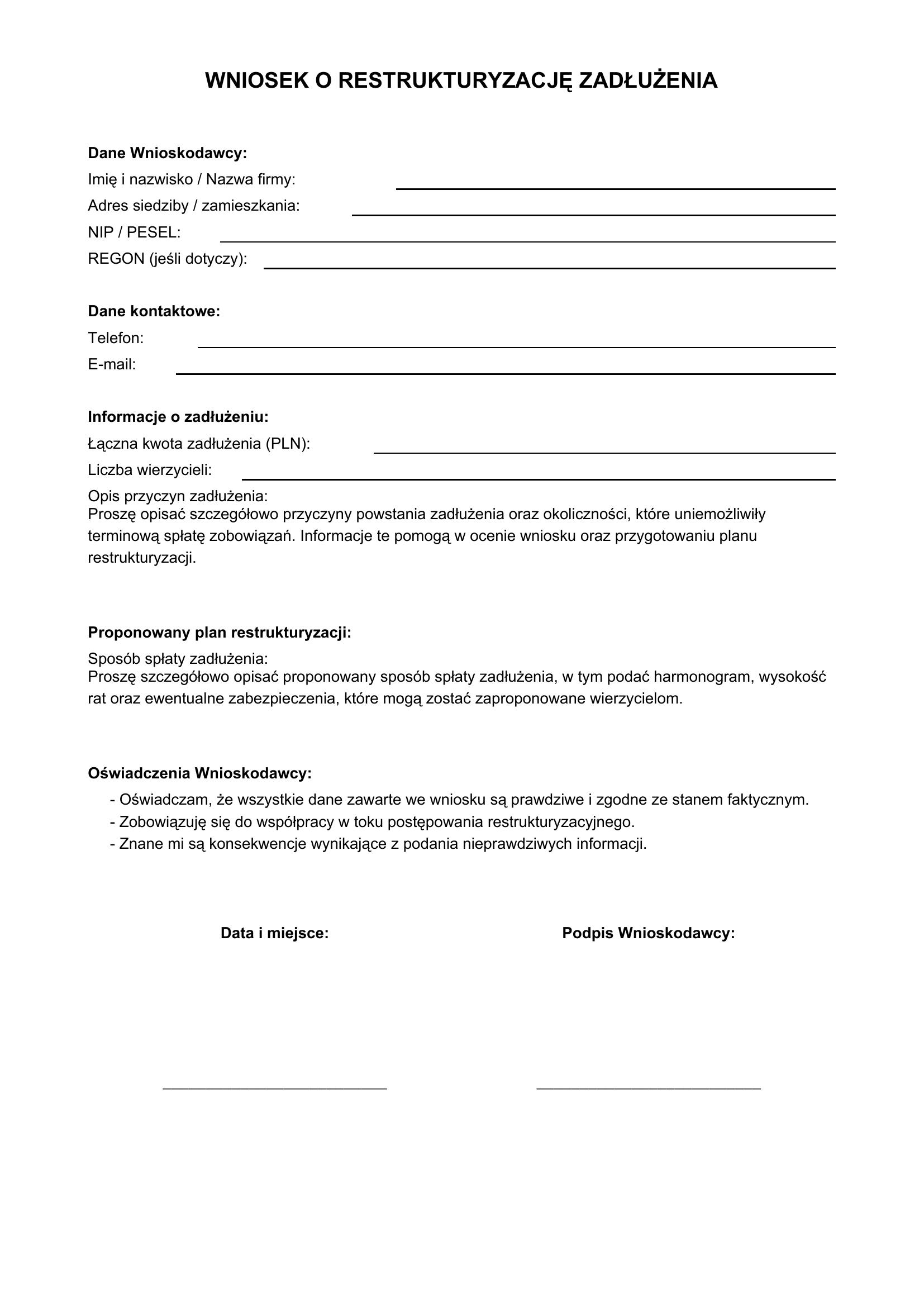 Wniosek O Restrukturyzację Zadłużenia Wzór