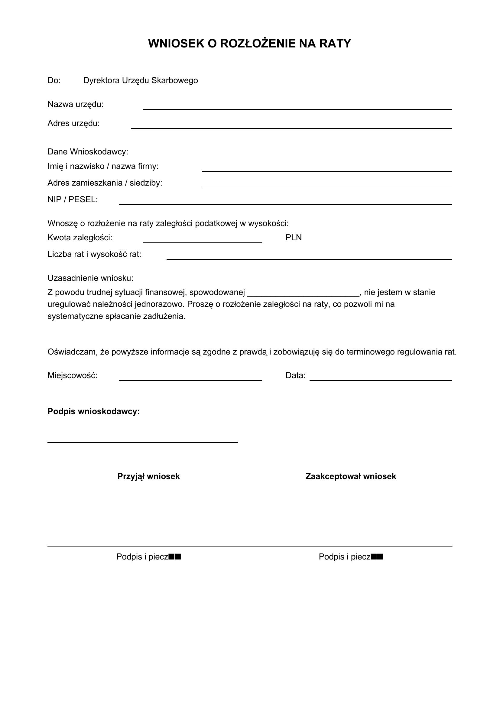 Wniosek O Rozłożenie Na Raty Urząd Skarbowy Wzór