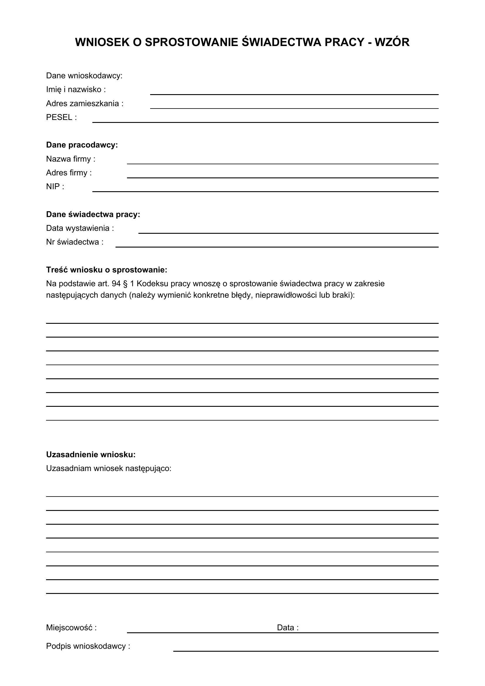 Wniosek O Sprostowanie Świadectwa Pracy - Wzór