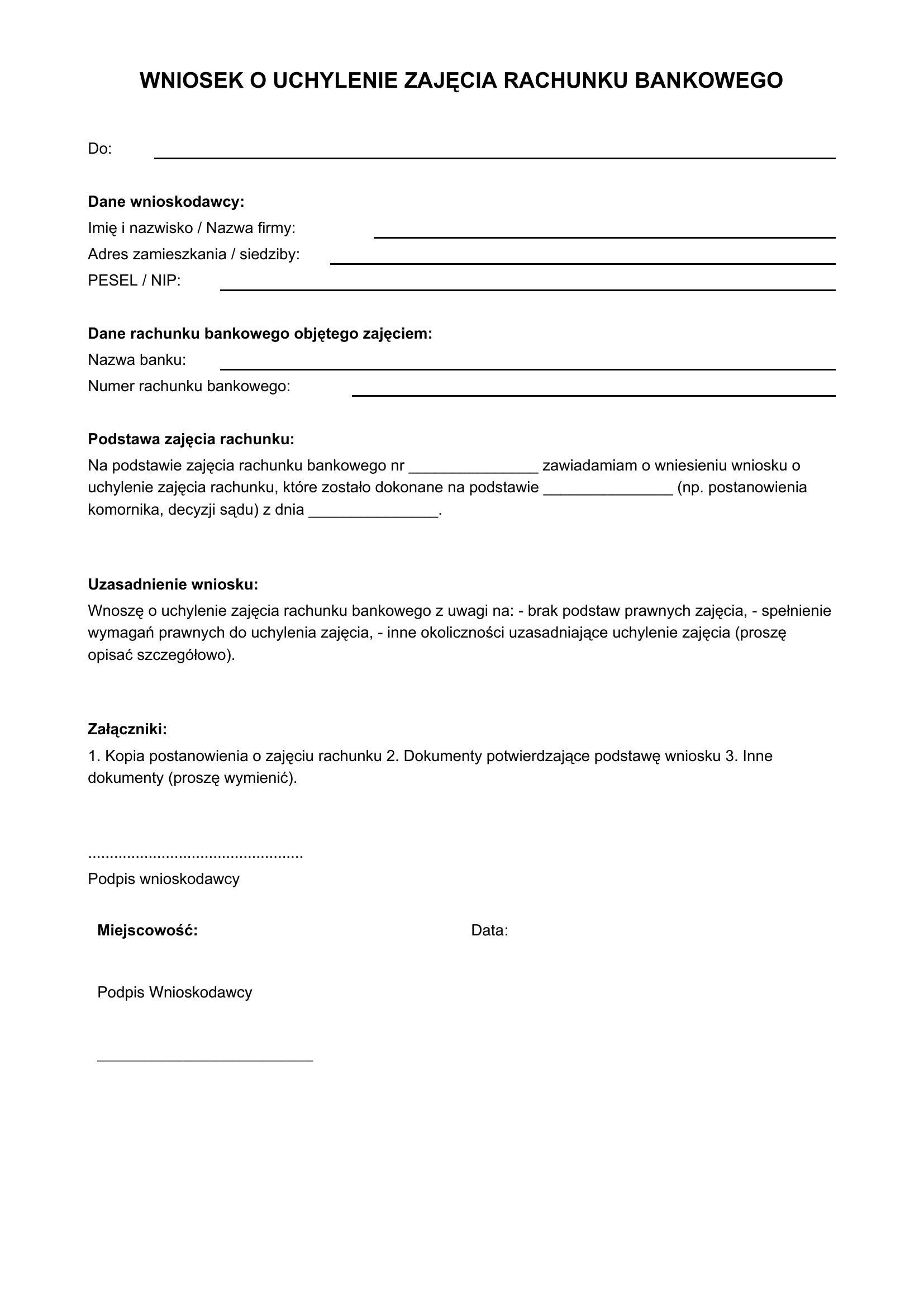 Wniosek O Uchylenie Zajęcia Rachunku Bankowego Wzór