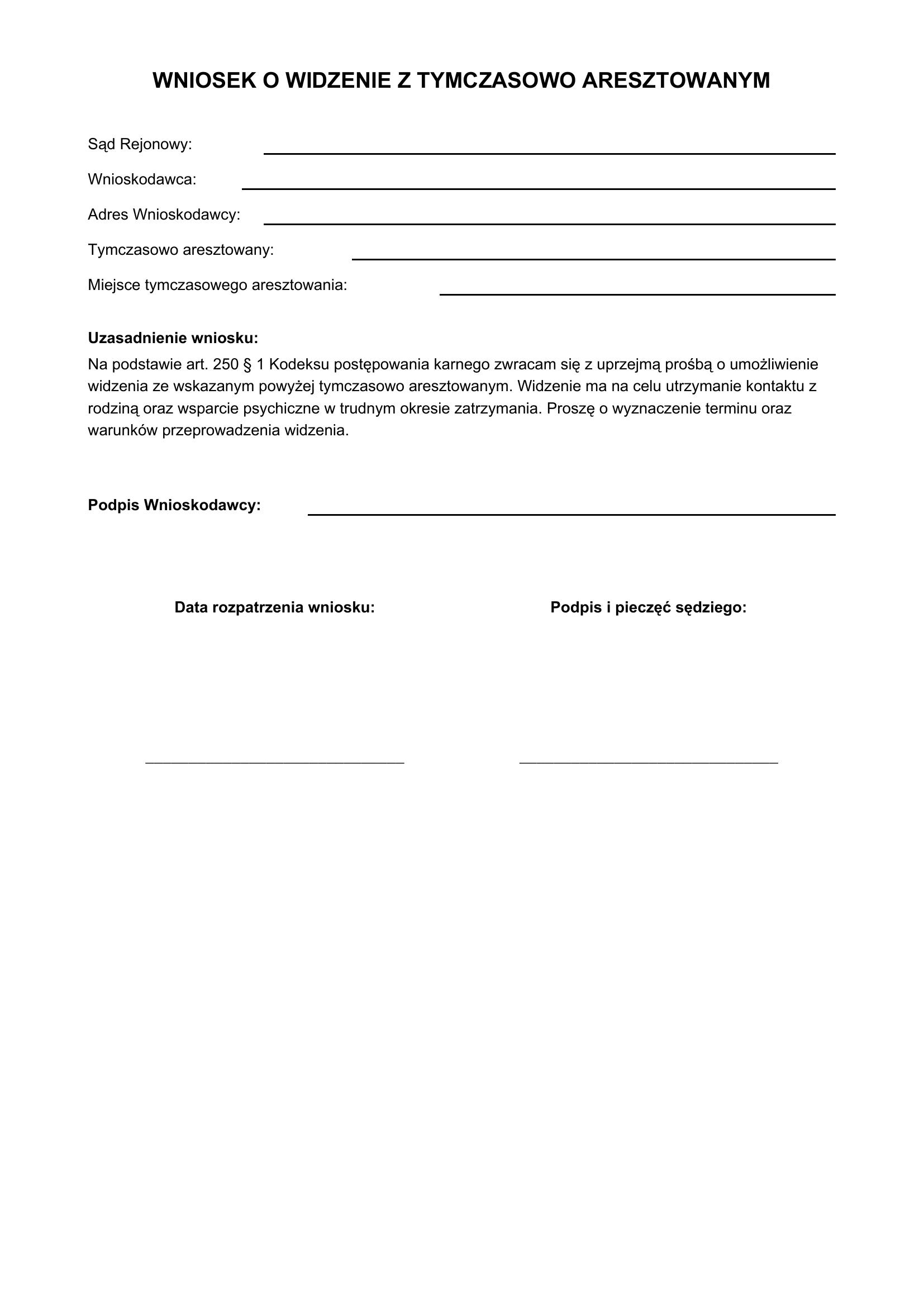 Wniosek O Widzenie Z Tymczasowo Aresztowanym Wzór