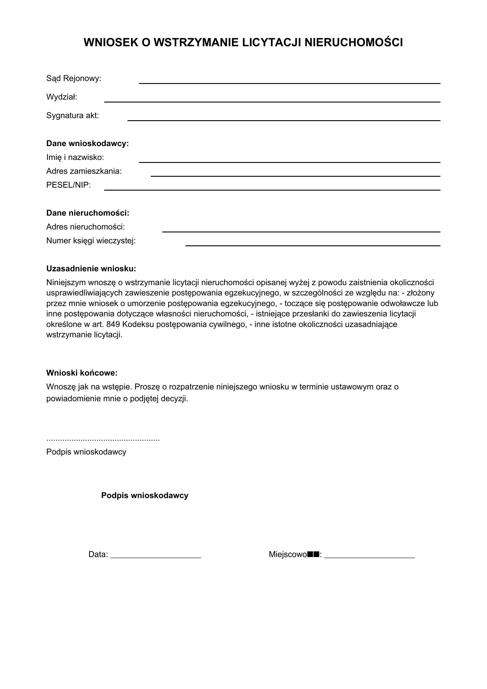 Wniosek O Wstrzymanie Licytacji Nieruchomości Wzór
