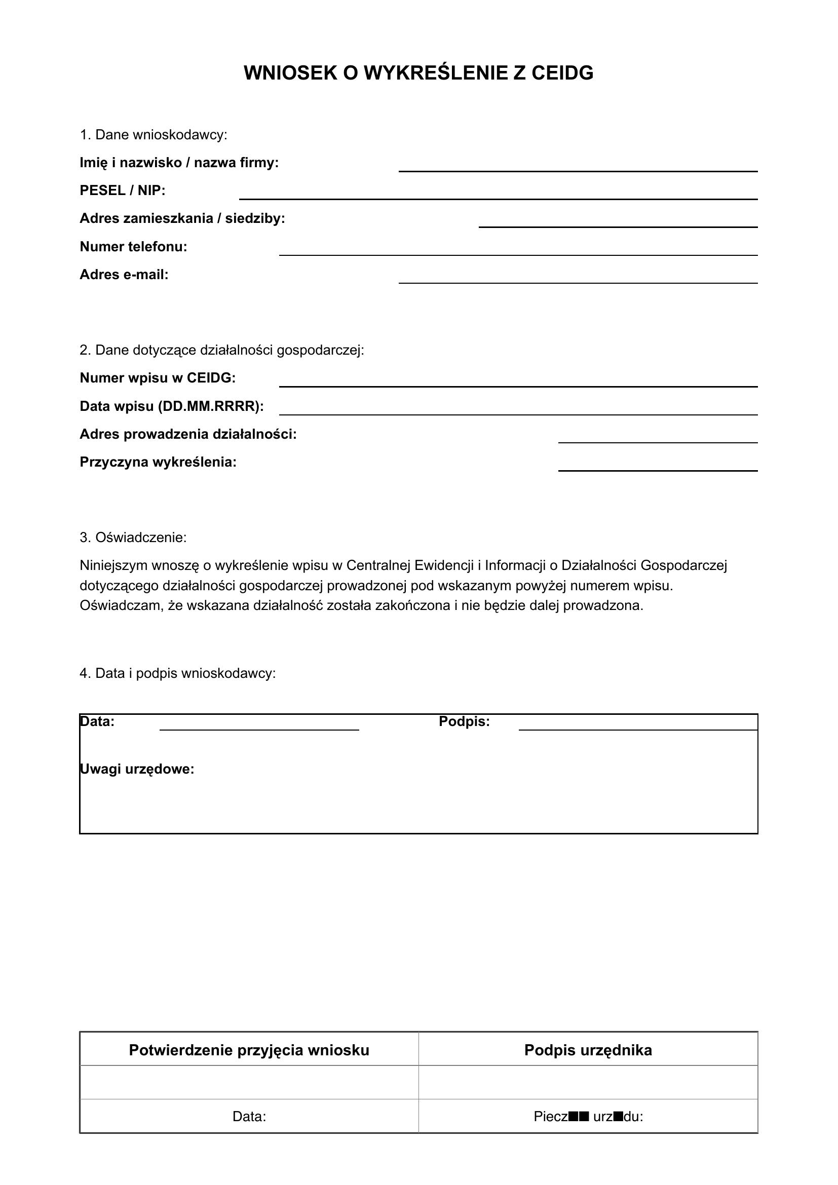 Wniosek O Wykreślenie Z Ceidg Wzór