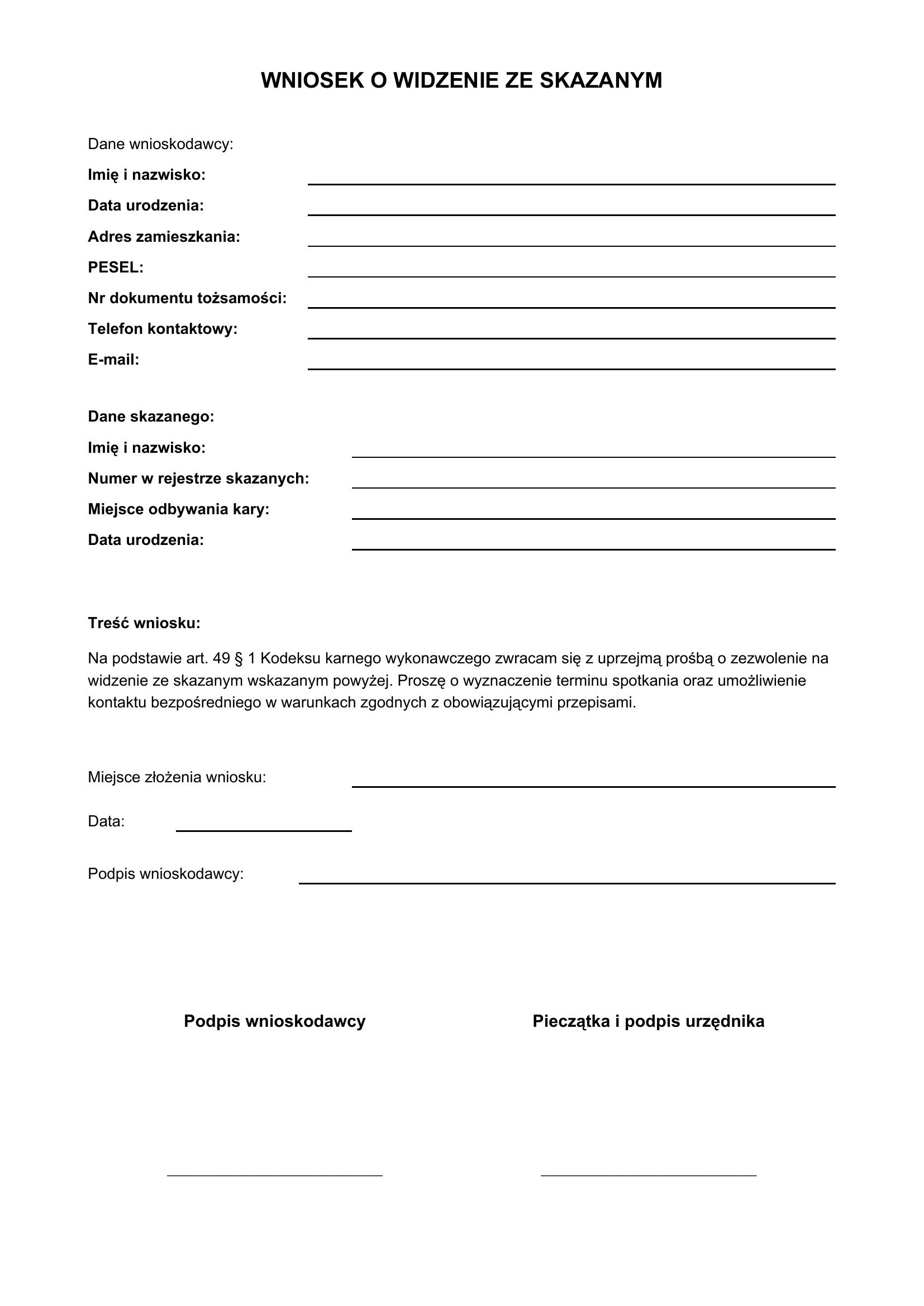 Wniosek O'Widzenie Ze Skazanym - Wzór