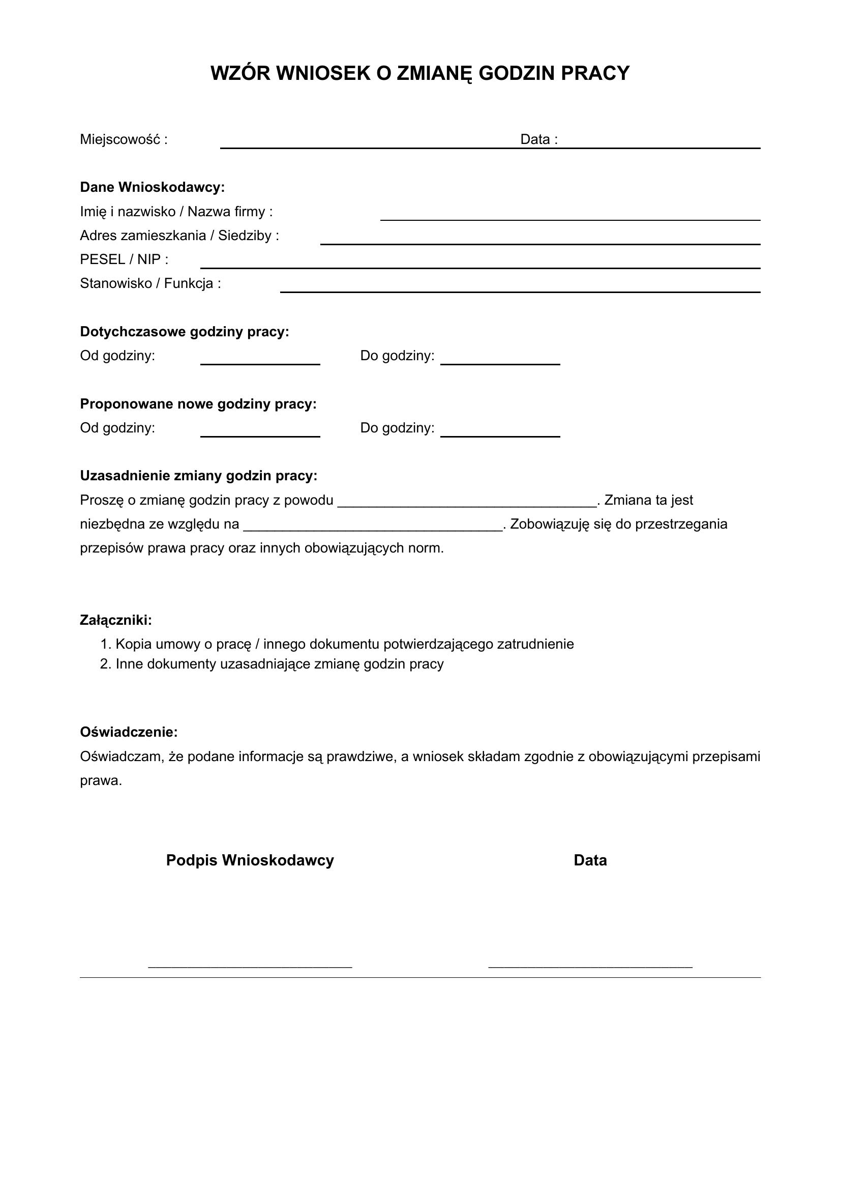 Wzór Wniosek O Zmianę Godzin Pracy